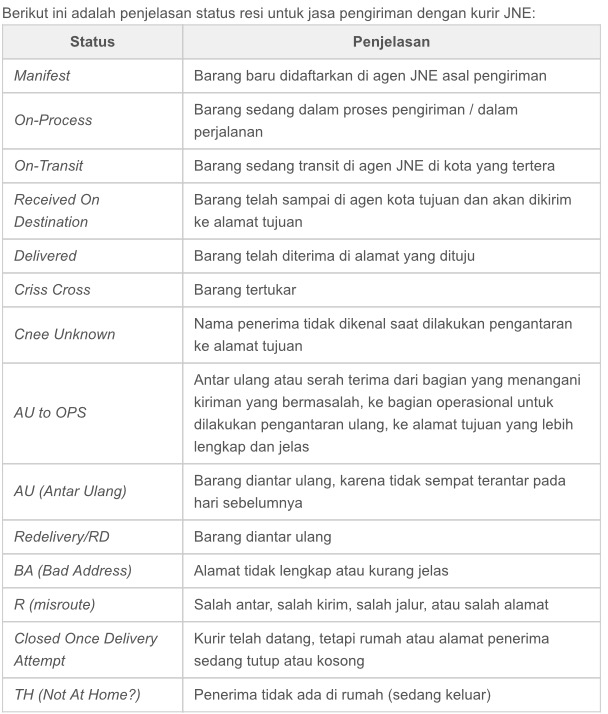 Istilah status resi JNE